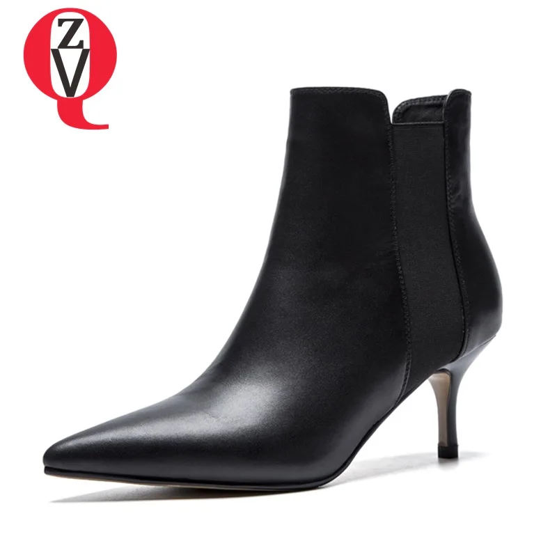 

ZVQ woman shoes high heels genuine leather elastic band ankle boots ladies pointed toe thin high heels lady office dress bootie