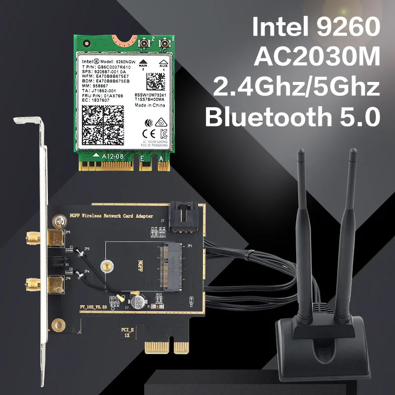 

Dual band Desktop Wireless Intel 9260AC 9260NGW MU-MIMO 802.11ac 1730Mbps Wifi Bluetooth 5.0 PCI-E PCIe X1 Wlan Card + Antennas