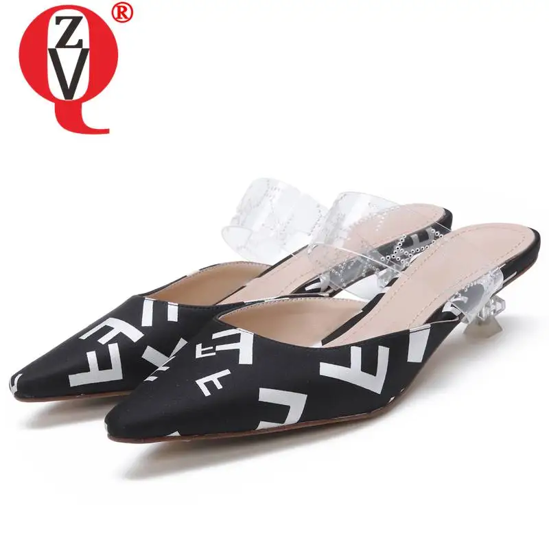 

ZVQ sheepskin leather insole English letter print pattern woman slippers summer 3.5cm med heels mules shoes fashion girl slides