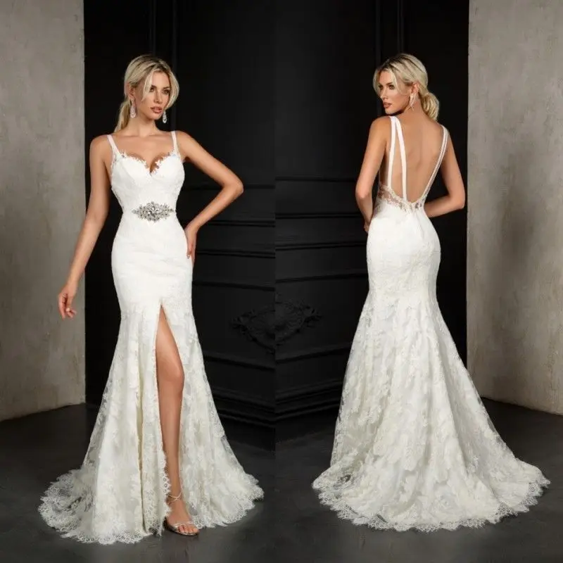 45-1      Mermaid Backless Spaghetti Straps Wedding Dress Side Slit Bridal Gown Custom