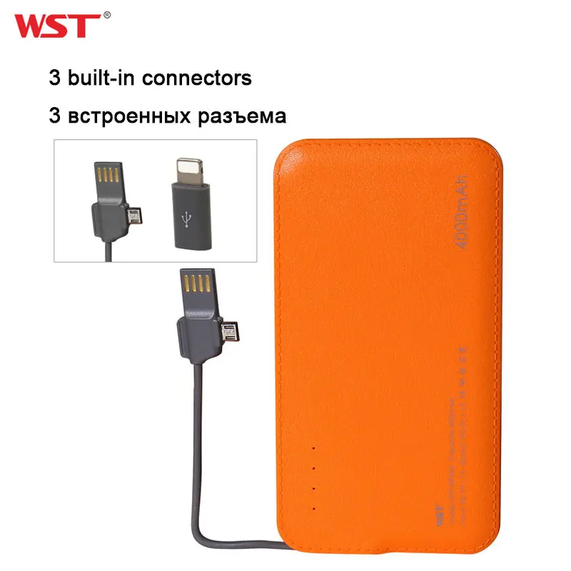 WST Power Bank 4000mAh With Built in Cable Portable Battery Charger Colorful Ultra Thin Slim External Batteries Pack for Mobile