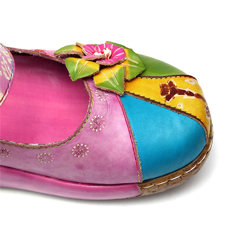 Socofy/обувь Mary Jane из натуральной кожи в стиле ретро; женская обувь на плоской подошве; Новинка; винтажная богемная женская обувь ручной работы с цветочным узором на застежке-липучке на плоской подошве