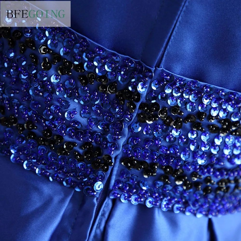 Синее атласное вечернее платье без рукавов трапециевидной формы длиной до пола с поясом из бисера реальные/оригинальные фотографии на заказ
