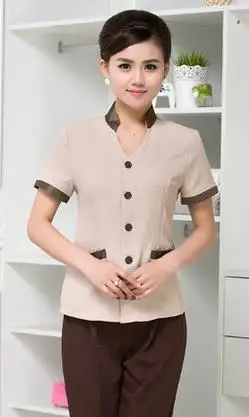 10 комплектов-рубашка и брюки) короткая стильная униформа для отеля, летняя женская униформа для уборки тети, Рабочая форма для уборки в комнате па, уборочный персонал - Цвет: Бежевый