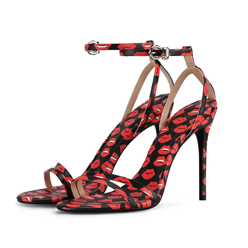 Г. летние модные сандалии с принтом женские туфли на высоком тонком каблуке с красными губами женские босоножки с ремешком на лодыжке вечерние туфли-лодочки WS1718 - Цвет: Black-8cm