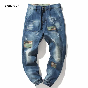 

Tsingyi Men Patchwork Elastic Retro Harem Jeans Homme Blue Denim Joggers Full Length Streetwear Men Cotton Pants Plus Size 4XL