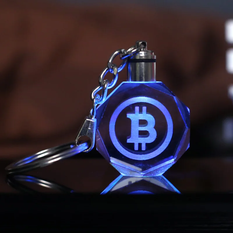 Crystal Bitcoin Keychain Laser inscribed Key Ring Colorful LED Light Key Chain Pendant Souvenir Gift