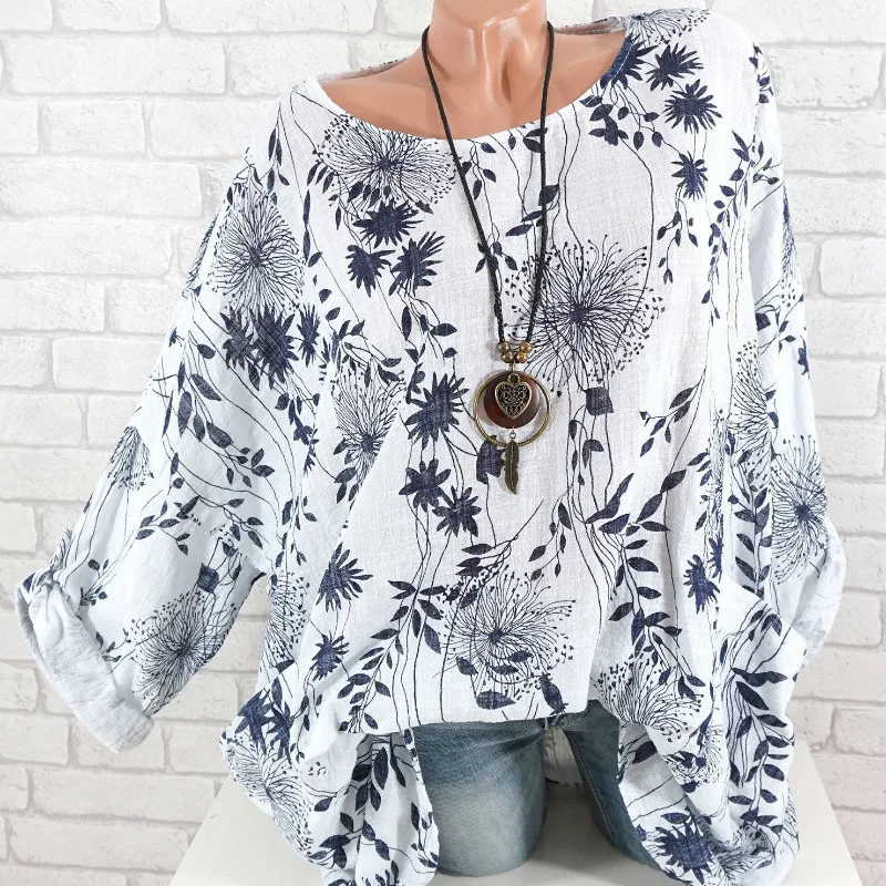 

2019 New Large Size Women's Shirts Autumn Spring Tops Loose O Neck Small Leaf Printed Blouse Plus Size S-5XL Blusas Elegante
