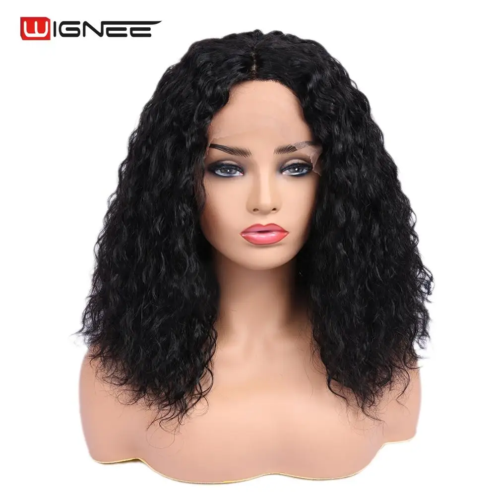 

Wignee Lace Front Brazilian Remy Human Hair Wigs For Black/White Women Short Deep Curly Wig Natural Black Hair 150% Density Wig