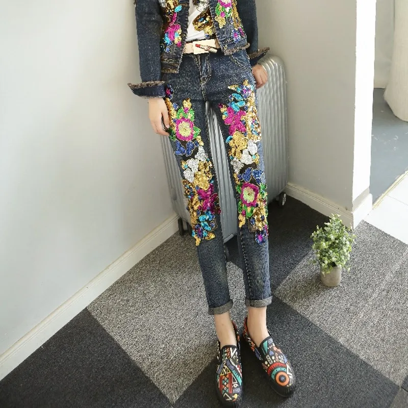 Новинка, осенние высококачественные шикарные джинсы с блестками и цветами, женские брюки в стиле ретро, брюки-карандаш в стиле хип-хоп