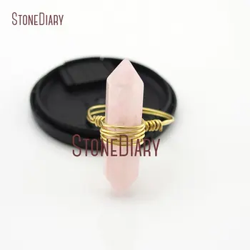 

10Pcs Rose Quartzs Ring Wire Wrapped Gold Color Faceted Double Terminated Point Ring For Less 6-8 RM13022