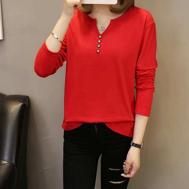 

New Arrival Women Autumn Long Sleeve Tops Solid Color Button Loose Fit Blouse