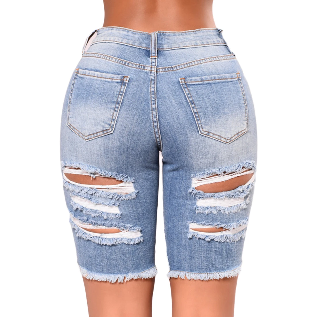 JIMMYHANLK Women Fashion High Waist Half Ripped Jeans Street Hole Slim