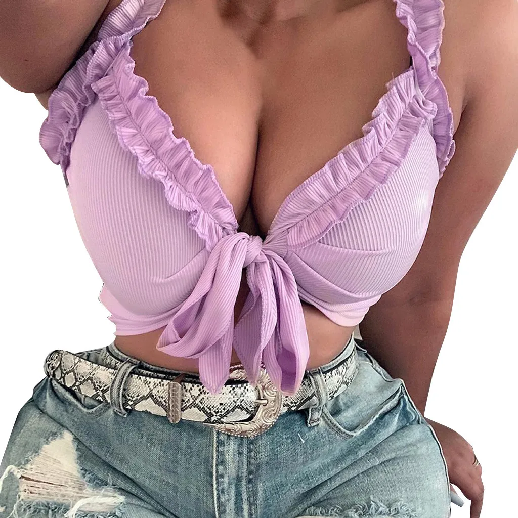 

Ladies Tops for Summer Sexy Lady Solid Ruffles Wild Chest Bow Tie Backless Crop Camis Streetwear Top