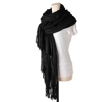 

Fashion Winter Thick Warm Black Ladies Long Tassel Cashmere Plain Scarf