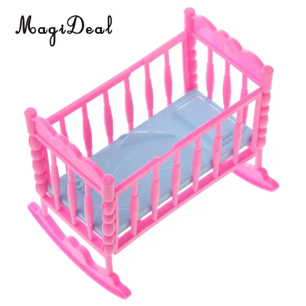 MagiDeal Lovely 1Pc Pink Baby Rocking Bed Bedroom Furniture Home Acce for Barbiedolls Doll House Dec Children Pretend Game Toy