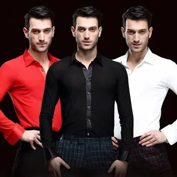 

New Mens White Dance Shirt Competition Performance Ballroom Modern Salsa Tango Samba Latin Mens Shirts Boys Dancewear 3 Color