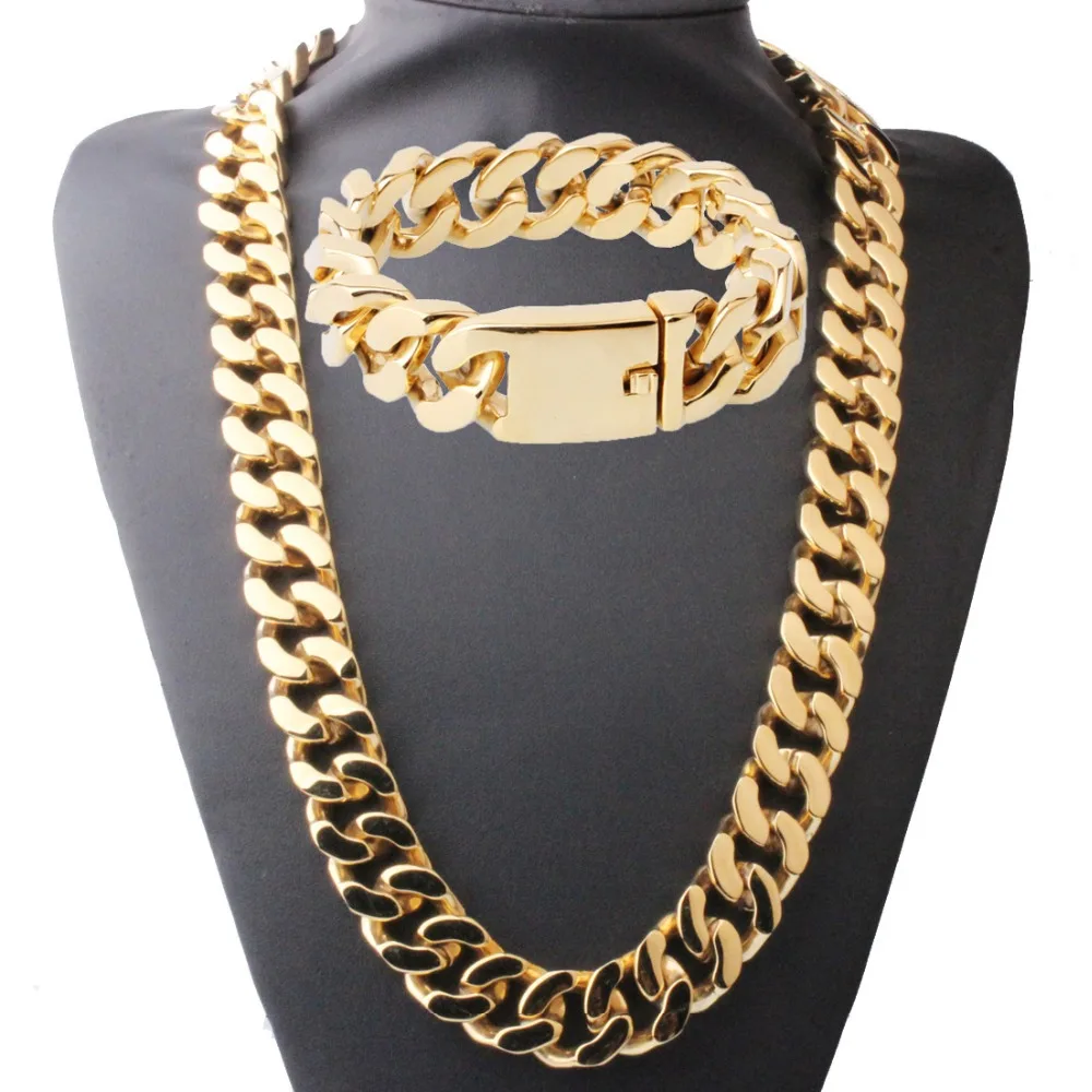 

20mm Men's Necklace Bracelet Set Flat Curb Cuban Stainless Steel Chain Jewelry For Party/Gift Cool Punk Man Jewelry