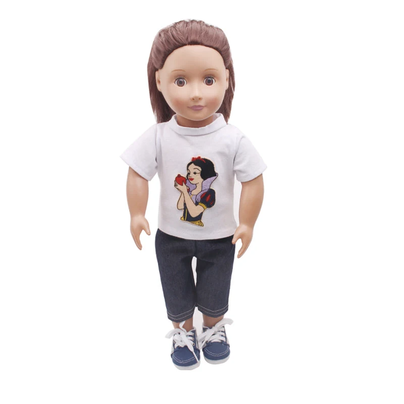 18 дюймовая кукольная одежда для девочек белая футболка с мультяшным принтом+ штаны, американское платье для новорожденных детские игрушки, размер 43 см, детские куклы c159