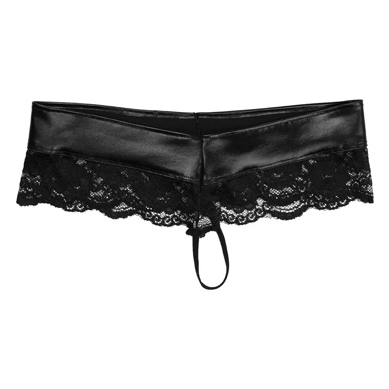 MSemis Women Sexy Open Butt Lingerie Floral Lace Splice G-string Thong Crotchless Bikini Leather Underwear Women Sexy Panties