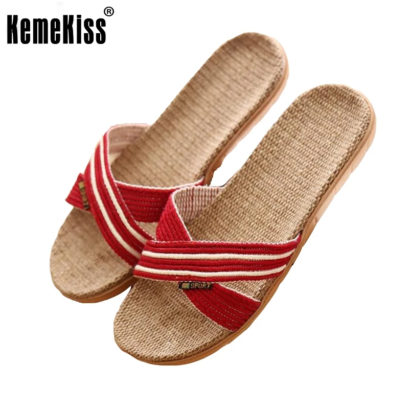 

New Candy Color Flax Home Slippers Striped Cut-outs Summer Indoor Slippers Flats Soft Cool Women Linen Slipper Size 35-40