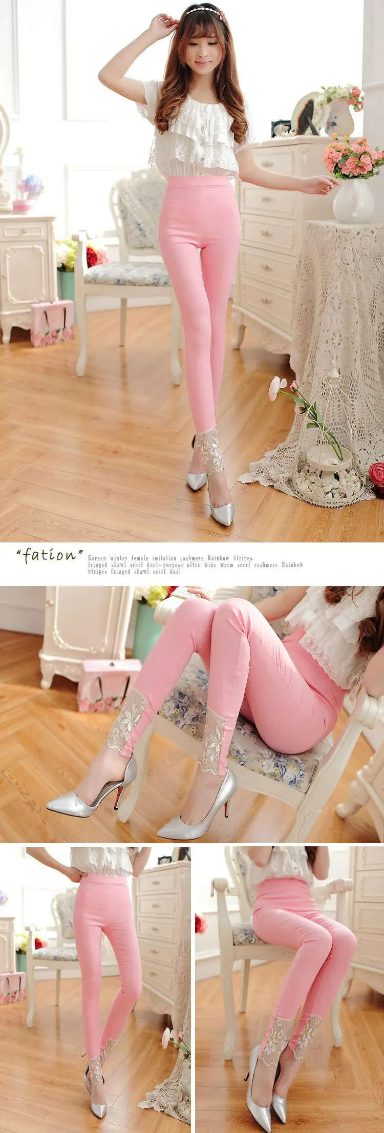 Lady Cotton Blended Lace Pants For Female Flower Embroidery Casual