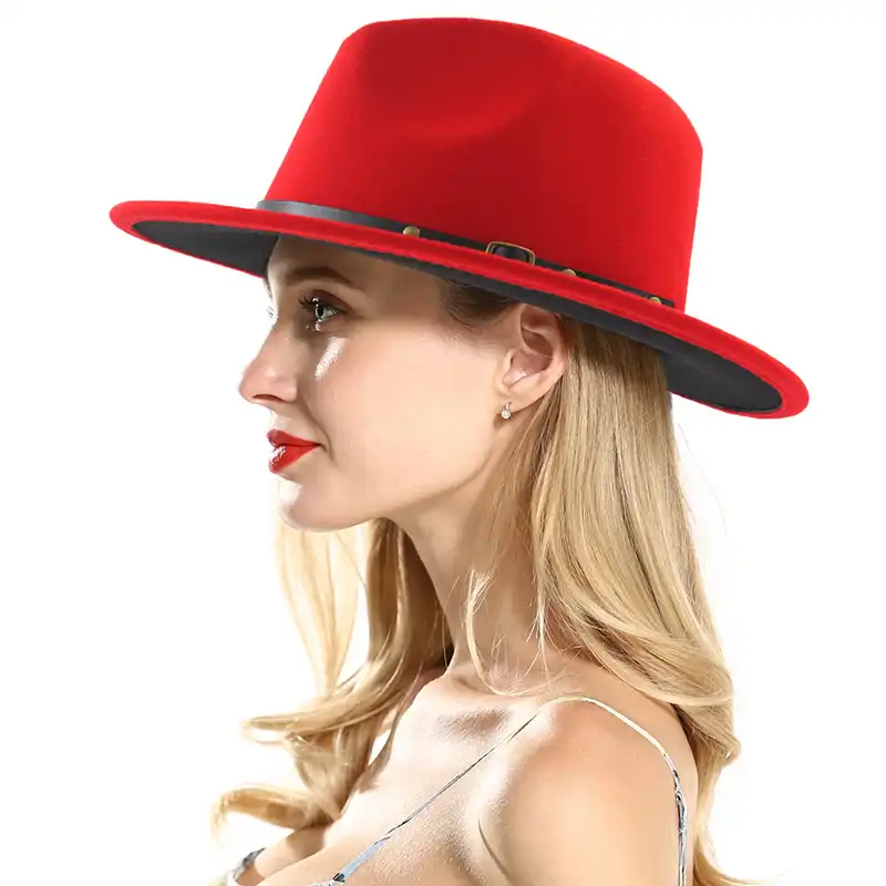 KTKA Women Jazz Cap Black Red Patchwork Wool Felt Fedora Hats Belt Buckle Decor Unisex Wide Brim Cowboy Cap Sunhat