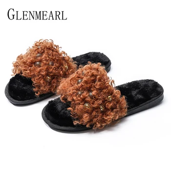 

Women Slippers Fur Winter Shoes Warm String Bead Home Slippers Flat Shoes Woman Casual Slip On Brand Soft Female Indoor Slides D