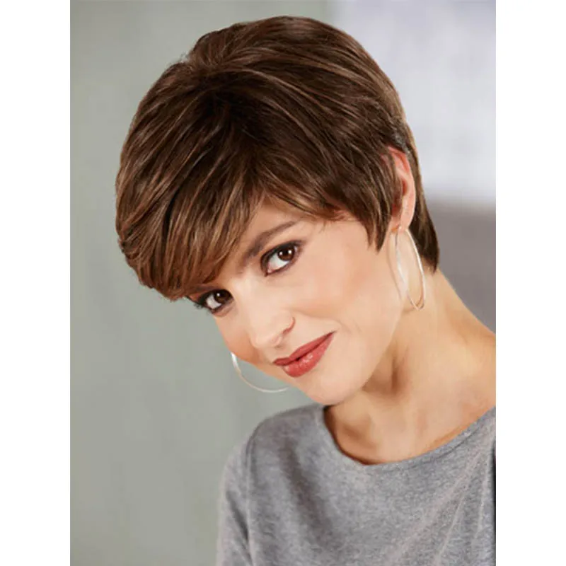 Chic Cut Short Straight Hairstyle Heat Resistant Fiber Brown Color Synthetic Hair Wigs For Women |
