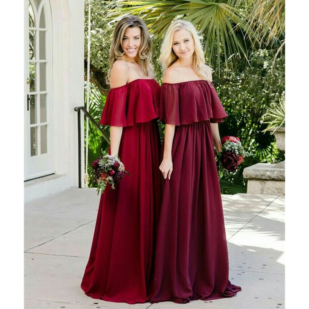 Burgundy Long Bridesmaid Dresses 2019 Boat Neck Off The Shoulder Summer ...