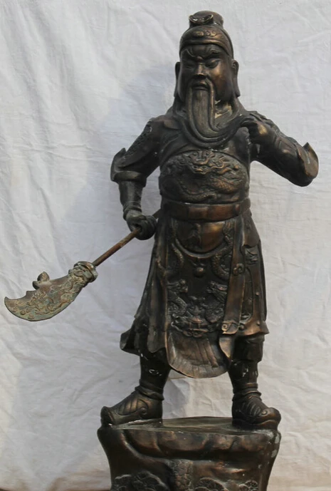 

JP S62 37" Old Larger Chinese Bronze Stand Guan Gong Yu Warrior God knight sword Statue B0403