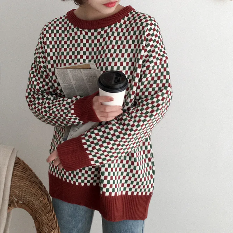 

2 colors 2018 spring vintage plaid pullovers womens kintted long sleeve sweaters womens (B1067)