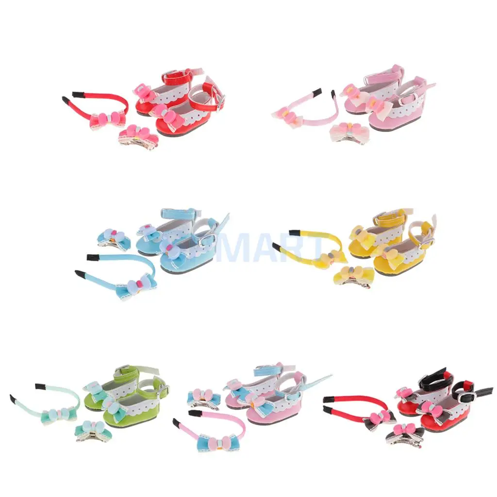 

PU Leather Bow Ankle Strap Shoes + Bowknot Hairband Headband + Hairpin Hair Clip for 1/6 BJD SD Dollfie Doll Accessories