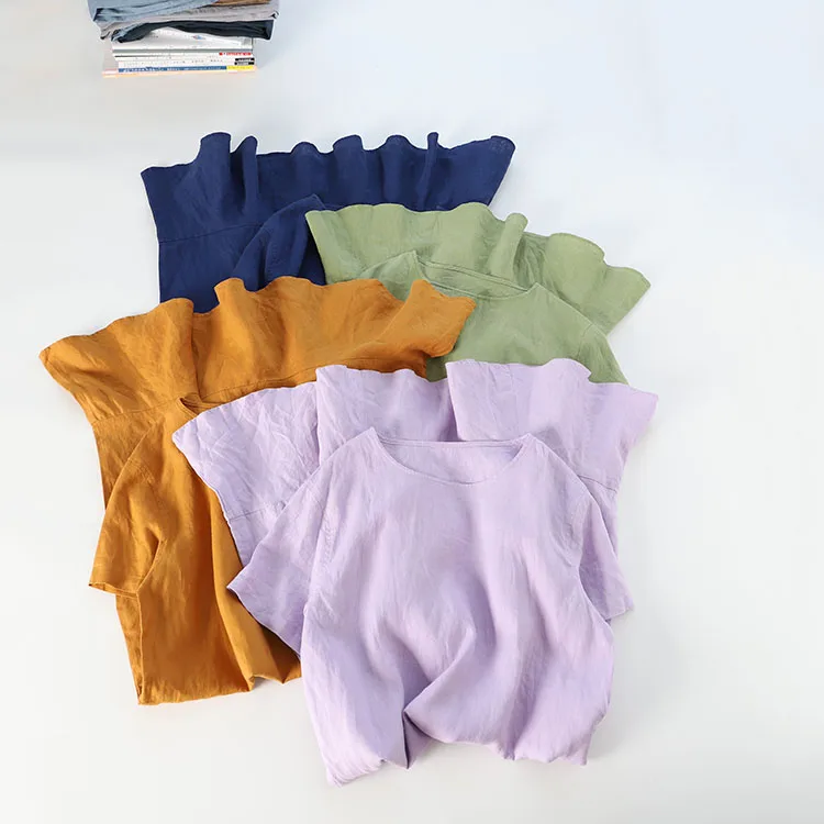 

Summer Women Loose Plus Size Cute Ruffle Japanese Style 14*14 Water Washed Linen Dresses 4 Colors