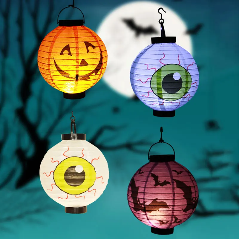Halloween Party Decor Spider LED Light Paper Pumpkin Hanging Lantern Bat Lamp 