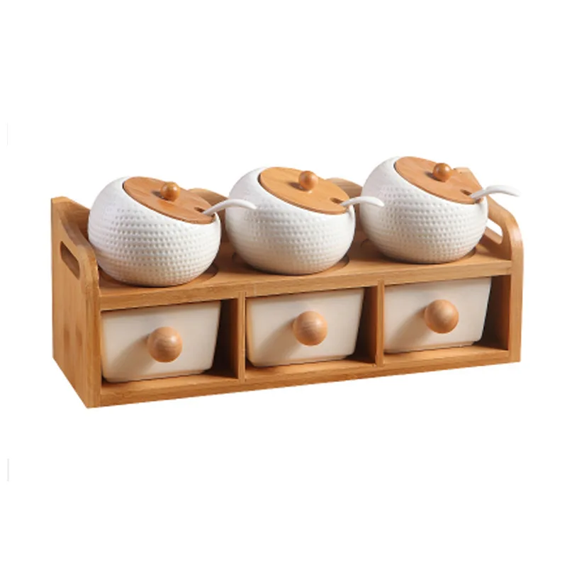 European Style Seasoning Caster Pot Kitchen Condiment Gravy Boats Salt Pepper Storage Box Double Shelves Kitchen Spice Rack