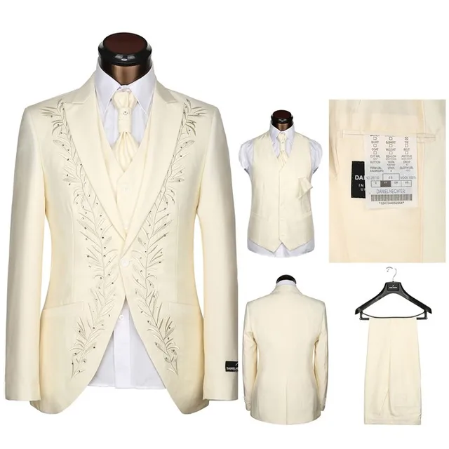 Latest Coat Pants Designs Tailored Rhinestones Man Suit white black