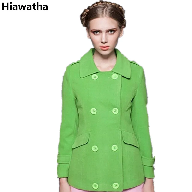 Koop Hiawatha Jas Vrouwen Winter Groen Double Breasted Wollen Jassen Fashion Slanke Turn down Kraag Overjas Vrouwelijke WL003