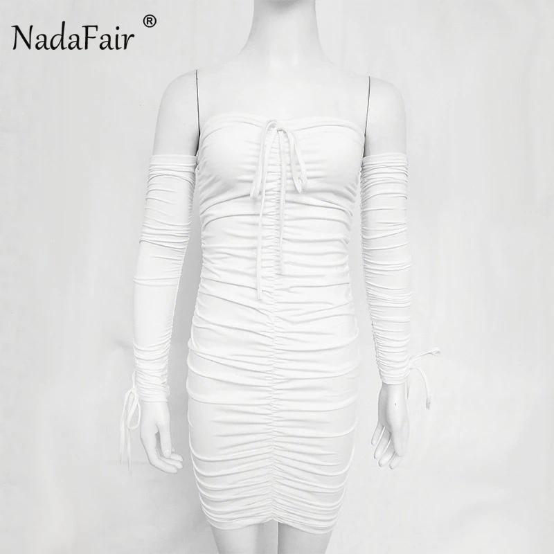 Сексуальное Бандажное платье Nadafair с открытыми плечами, женское, белое, черное, с рюшами, с длинным рукавом, Клубные, вечерние, мини, Осень-зима, облегающее платье - Цвет: Белый