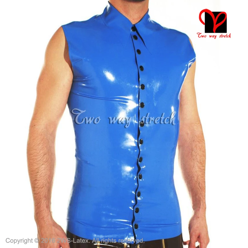blue Latex Shirt button Turn down collar Rubber Tee shirt Top Gummi clothing clothes SY-046 blue Latex Shirt button Turn down collar Rubber Tee shirt Top Gummi clothing clothes SY-046