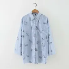 New Fashion Women Striped Floral Print Blue Blouses Long Sleeve Turn-down Collar Side Open Shirt Casual Brand Tops For Female