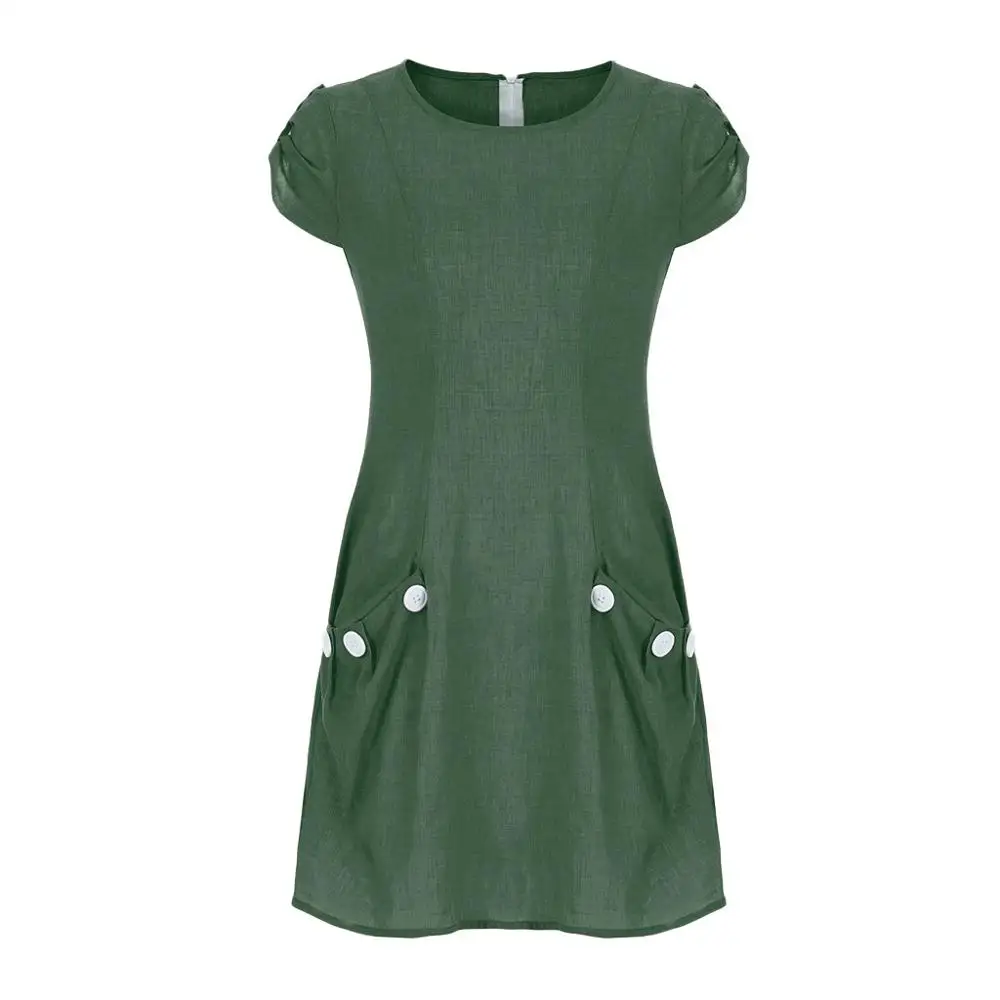 Женское повседневное льняное мини-платье с круглым вырезом, коротким рукавом, карманом и застежкой-молнией на спине, женское летнее платье - Цвет: Зеленый
