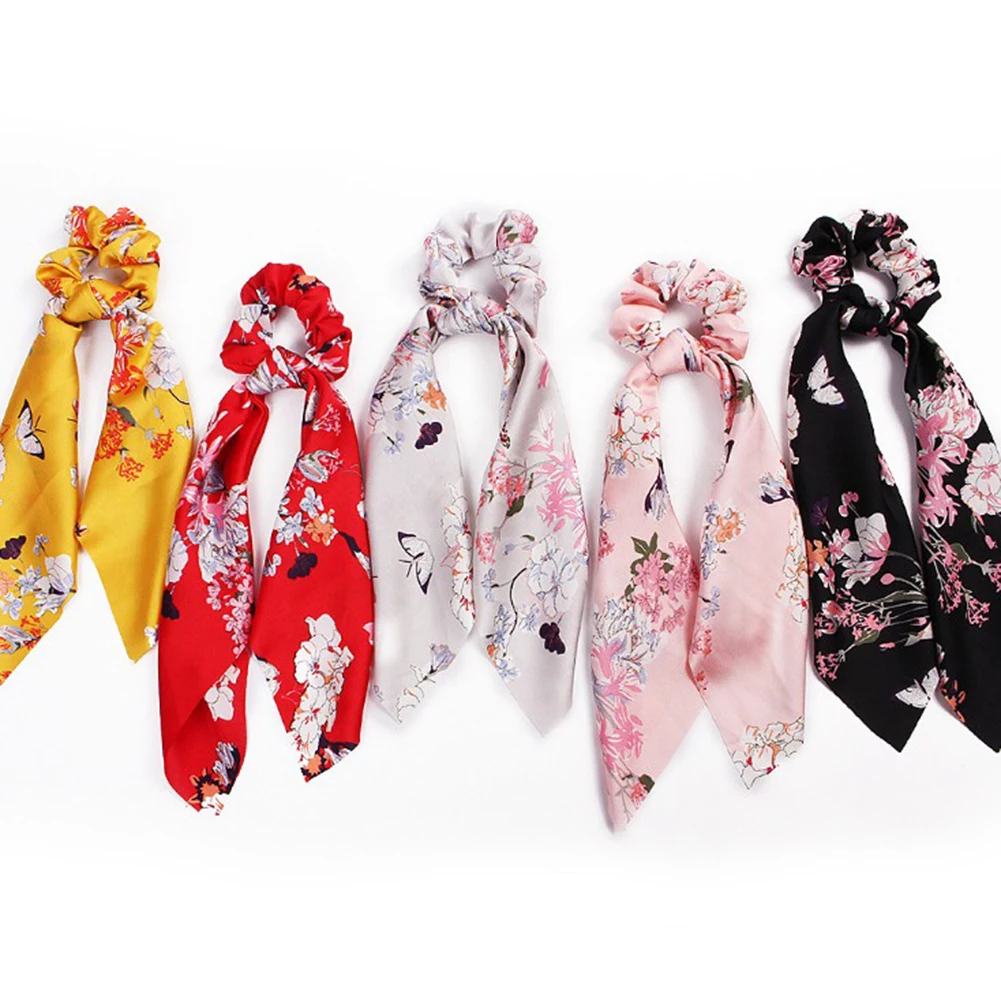 Ponytail scrunchie hair ties Scarf Elastic Hair Rope for Women Hair Bow Ties Scrunchies Hair Bands Flower Print Ribbon Hairbands