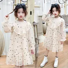 Платье в горошек с фатиновой юбкой для девочек, коллекция года, осенние корейские модные детские кружевные платья с длинными рукавами милая детская одежда 5, 7, 9, 11, 13 лет