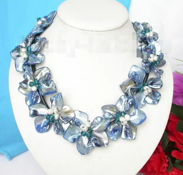 

Free Shipping >>> baroque 9bloom blue seashell white pearls choker leather necklace j8180