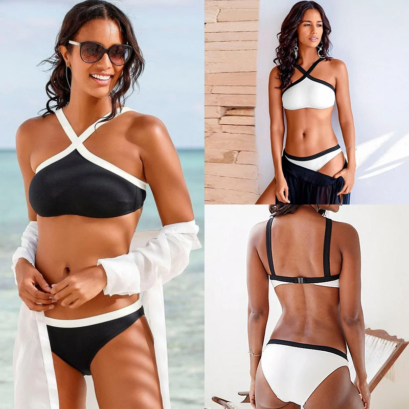 

High Waist Sexy Bikini 2019 Push Up Bikini Set Swimwear Women Solid Two Piece Swimsuit Bathing Suit Women Black White Splice New