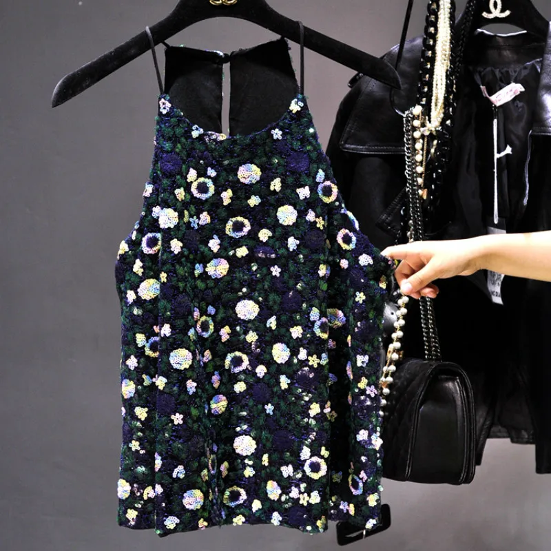 

Luxury Hanging neck Shiny flowers sequined Camis Handmade sequins straped Vest embroidered bottoming Stage Shirts Tank Tops 2018