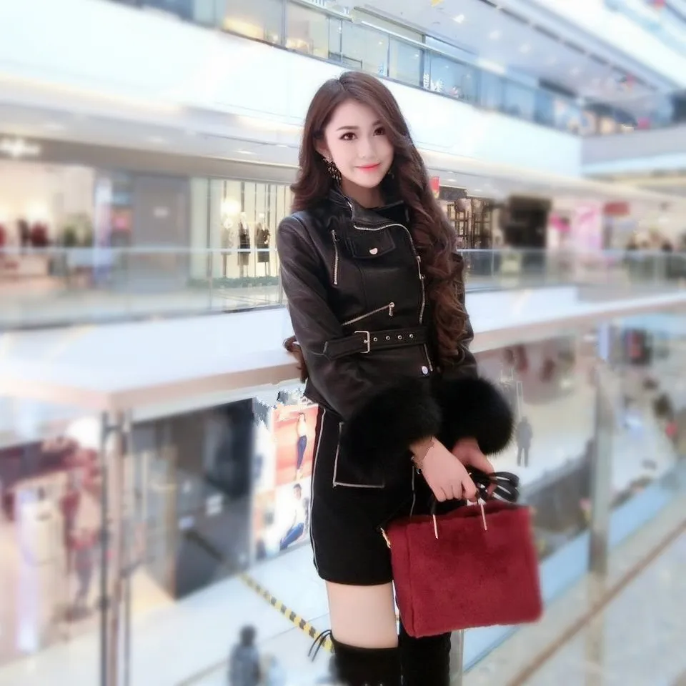 Winter Autumn Casual Gothic Faux Leather Coats Mandarin Collar Faux Fur Sleeve Motorcycle Jacket Black Outerwear Pu Jacket