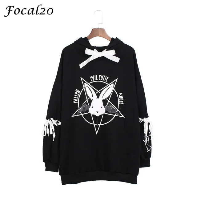 US $16.84 Focal20 Harajuku Pentagram Print Lace Up Women Fleeces Hoodies Gothic Punk Oversize Velvet Hooded S