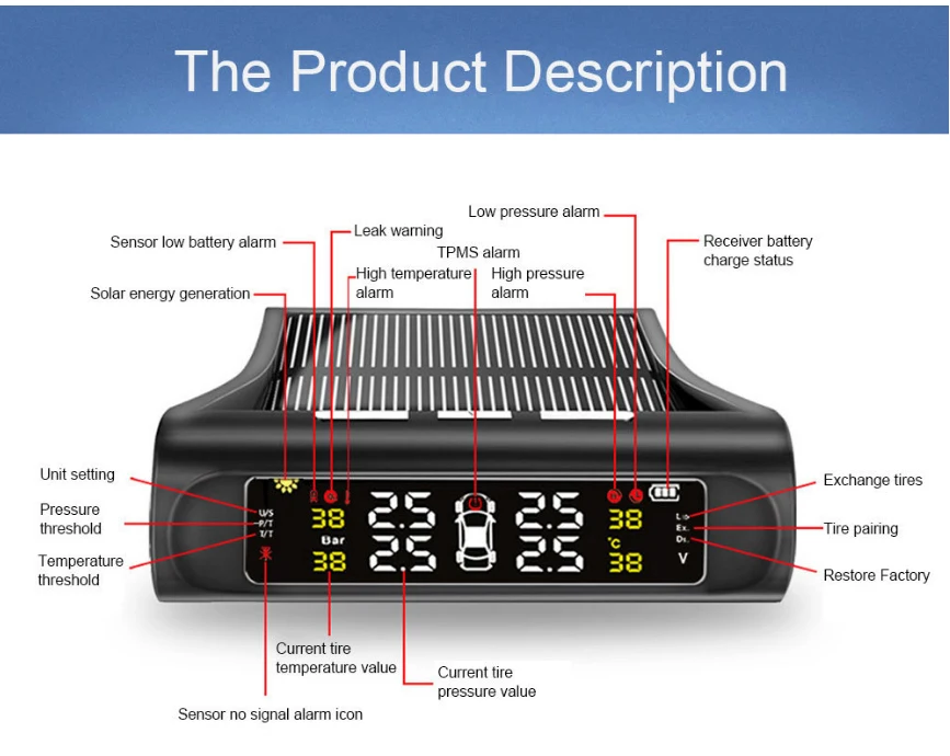 Умный автомобиль TPMS шин давление мониторинга системы Солнечный мощность зарядки цифровой ЖК дисплей Авто охранной сигнализаци